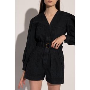 Ulla Johnson Cameron Playsuit Belted Jumpsuit, Puff Sleeve Denim Romper Shorts